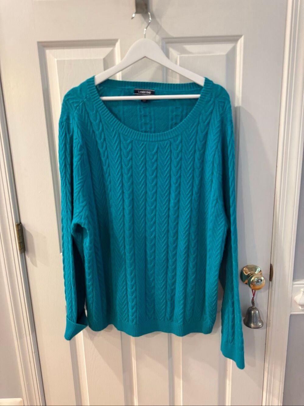 Lands End Turquoise Cable Knit Cotton Sweater sz 2X EUC